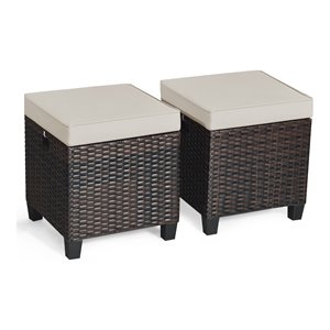 Costway Rattan Cushioned Seat Patio Rattan Ottoman in Brown (Set of 2)