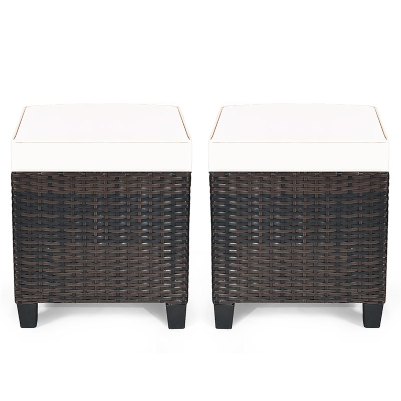 Costway Rattan Cushioned Seat Patio Rattan Ottoman in Brown/White (Set of 2)