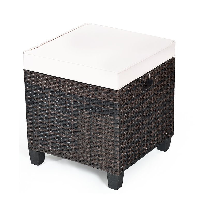 Costway Rattan Cushioned Seat Patio Rattan Ottoman in Brown/White (Set of 2)