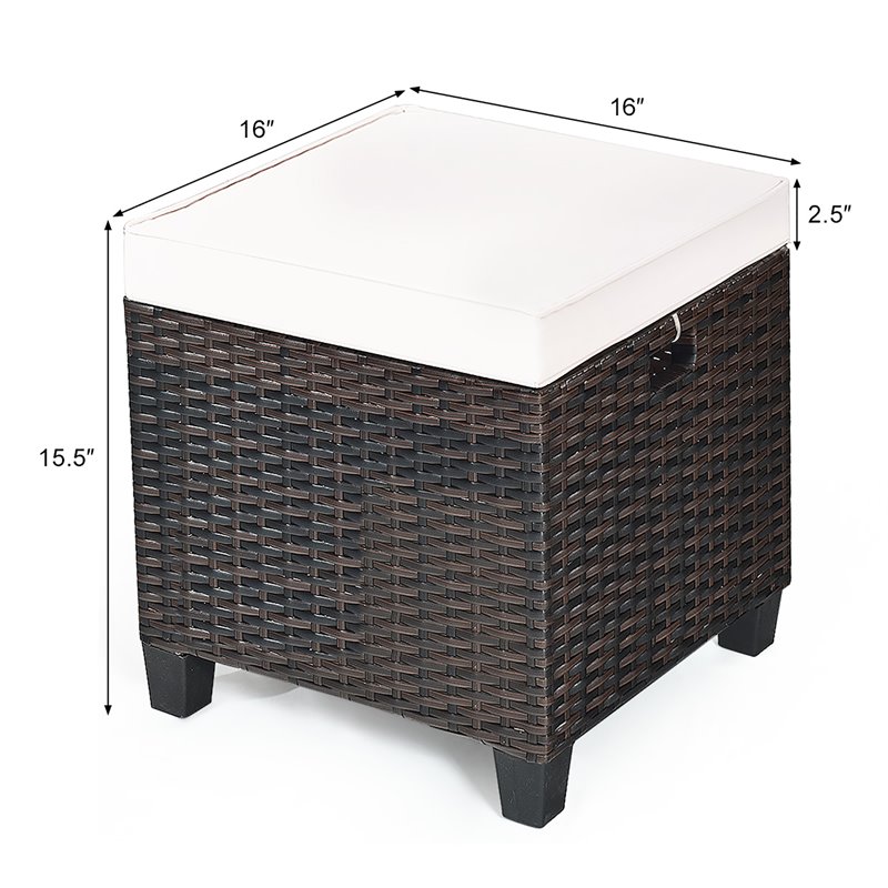 Costway Rattan Cushioned Seat Patio Rattan Ottoman in Brown/White (Set of 2)