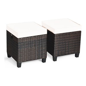 Costway Rattan Cushioned Seat Patio Rattan Ottoman in Brown/White (Set of 2)