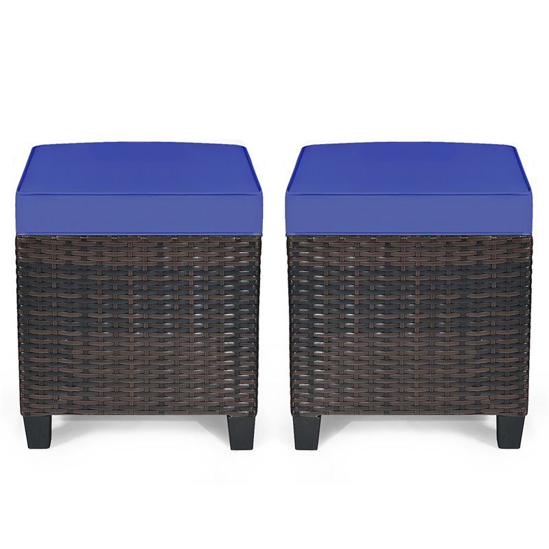 Costway Rattan Cushioned Seat Patio Rattan Ottoman in Navy (Set of 2)