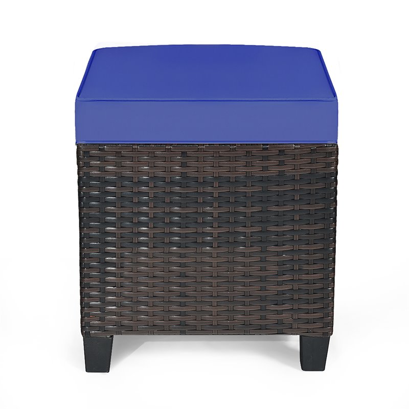Costway Rattan Cushioned Seat Patio Rattan Ottoman in Navy (Set of 2)