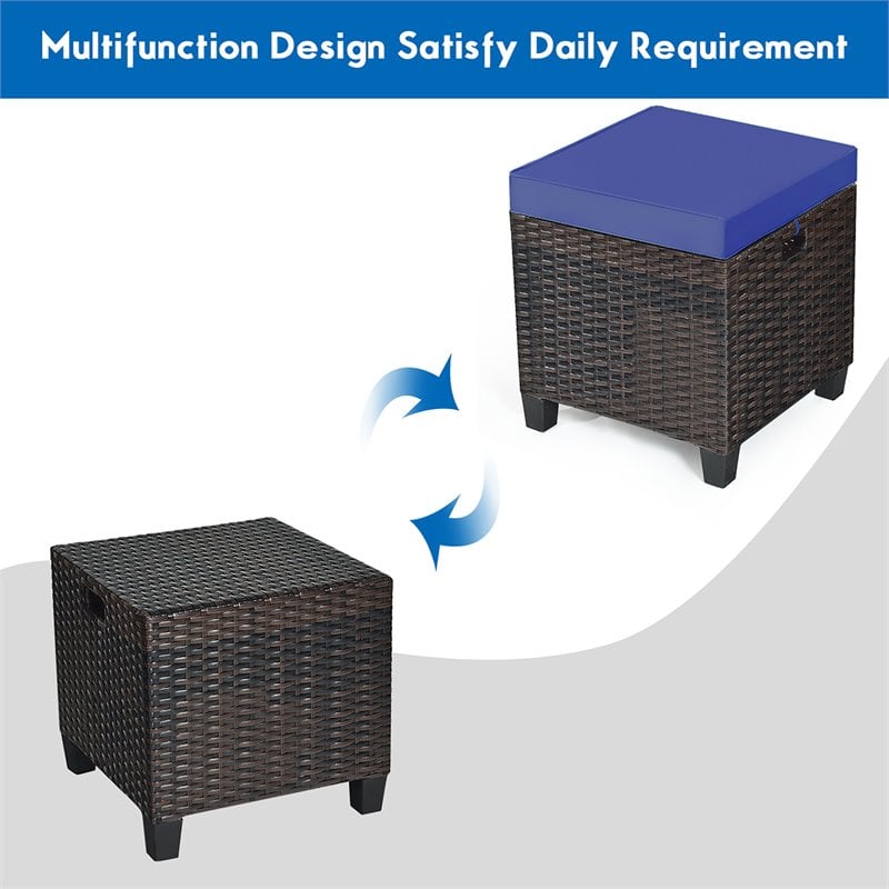 Costway Rattan Cushioned Seat Patio Rattan Ottoman in Navy (Set of 2)