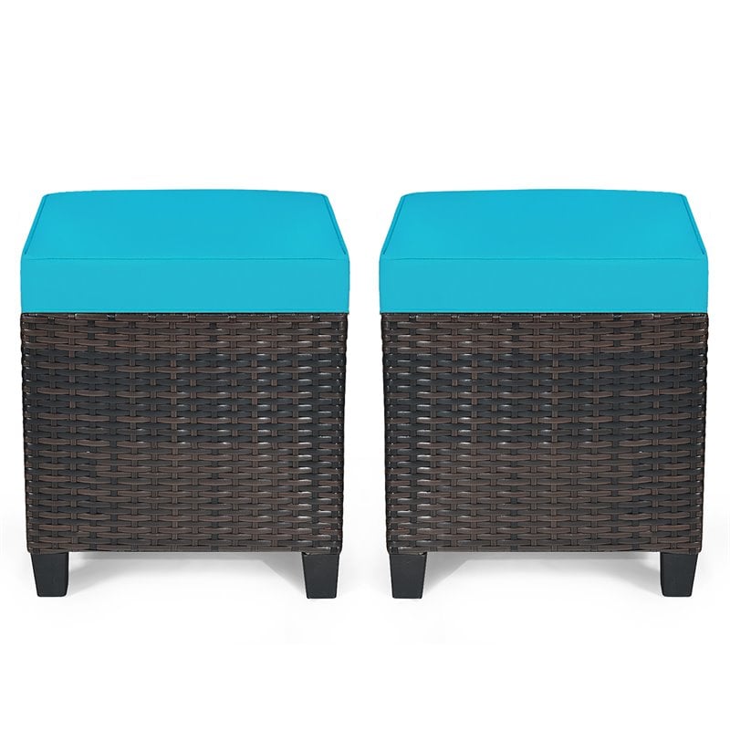 Costway Rattan Cushioned Seat Patio Rattan Ottoman in Turquoise (Set of 2)