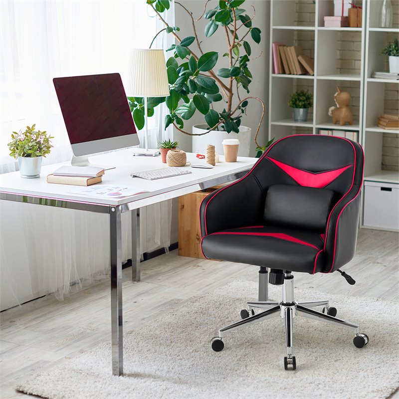 Costway Contemporary PVC & PU Office Chair with Massage Lumbar Support in Red