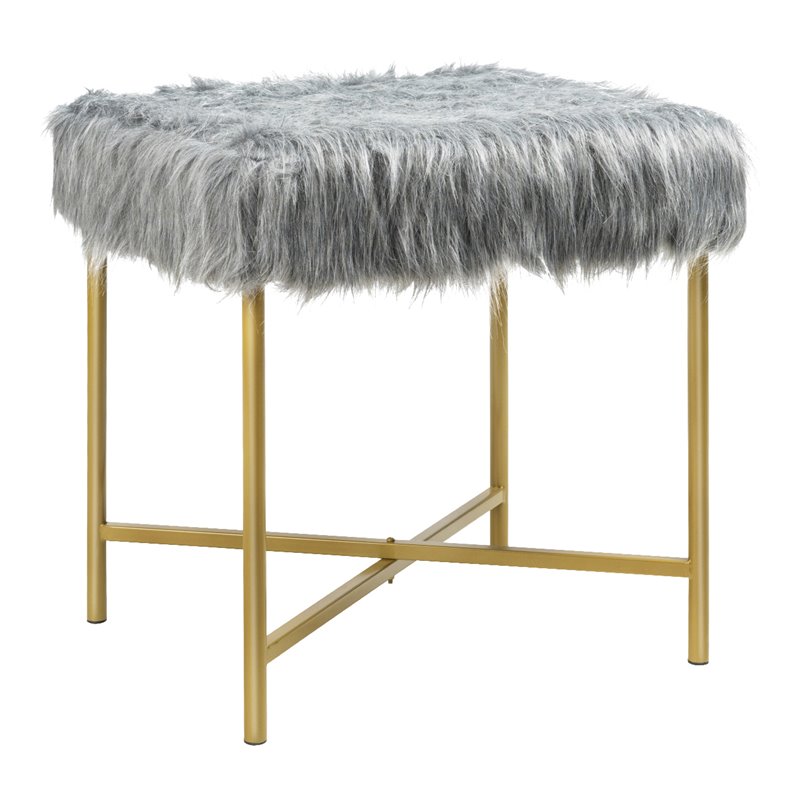 Costway Contemporary Faux-Fur Plush Footrest Stool with Metal Legs in Gray