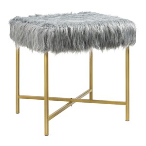 costway contemporary faux-fur plush footrest stool with metal legs in gray
