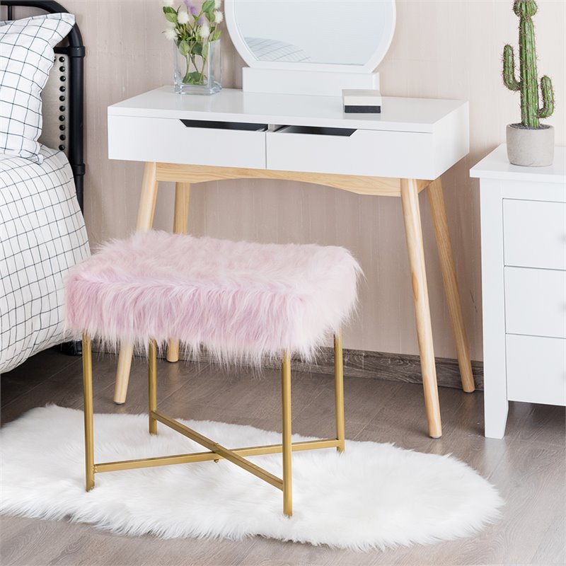 Costway Contemporary Faux-Fur Plush Footrest Stool with Metal Legs in Pink
