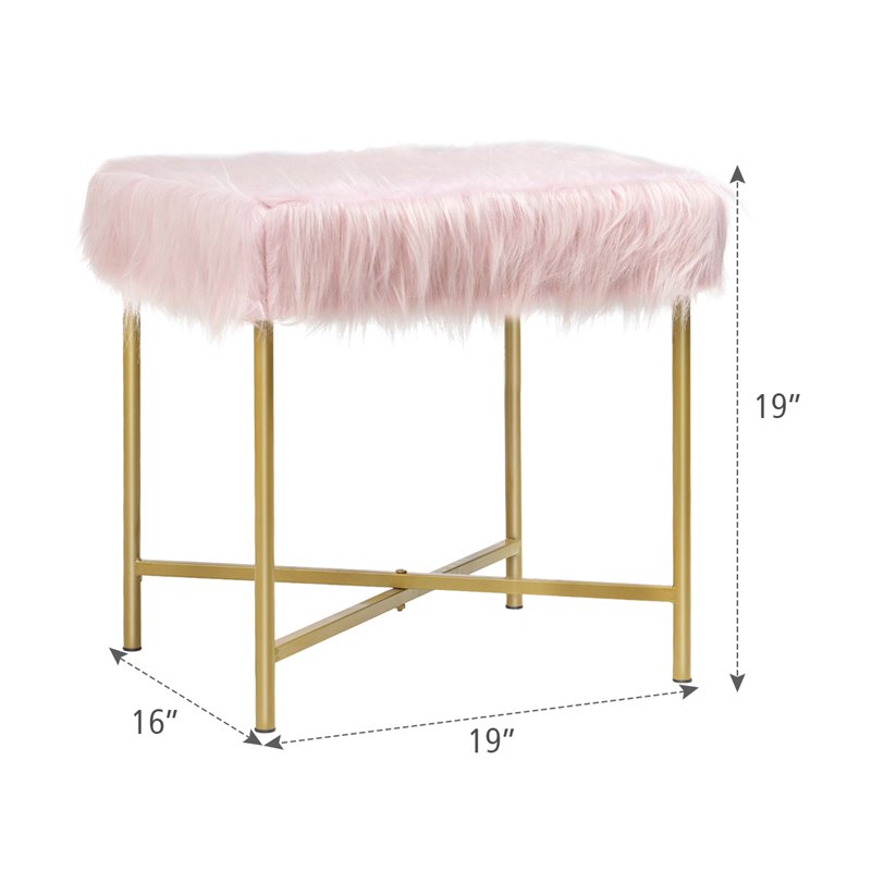 Costway Contemporary Faux-Fur Plush Footrest Stool with Metal Legs in Pink