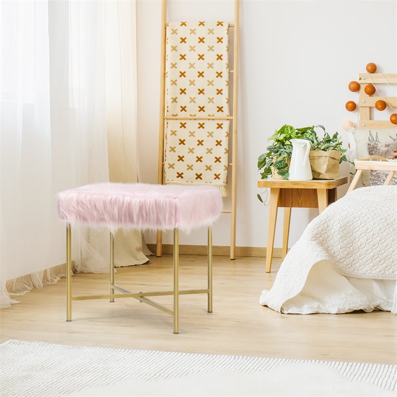Costway Contemporary Faux-Fur Plush Footrest Stool with Metal Legs in Pink