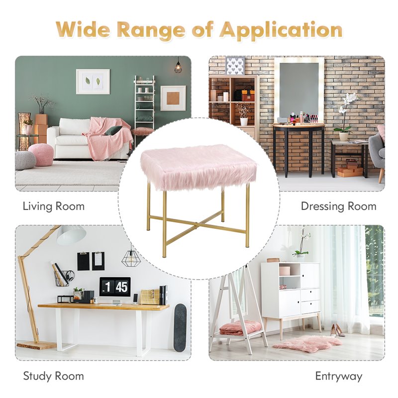 Costway Contemporary Faux-Fur Plush Footrest Stool with Metal Legs in Pink