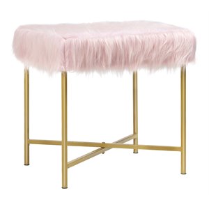costway contemporary faux-fur plush footrest stool with metal legs in pink
