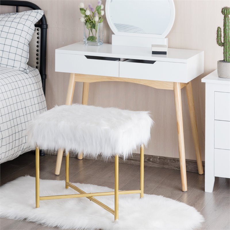Costway Contemporary Faux-Fur Plush Footrest Stool with Metal Legs in White
