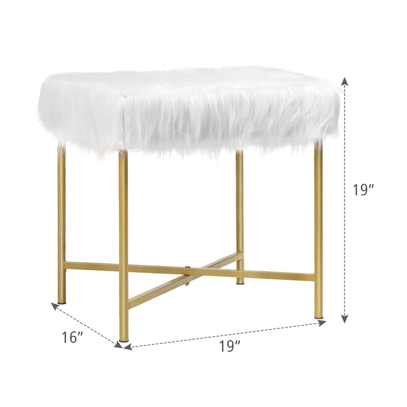 Costway Contemporary Faux-Fur Plush Footrest Stool with Metal Legs in White