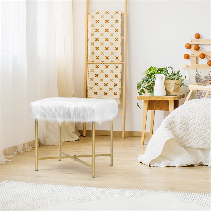 Costway Contemporary Faux-Fur Plush Footrest Stool with Metal Legs in White