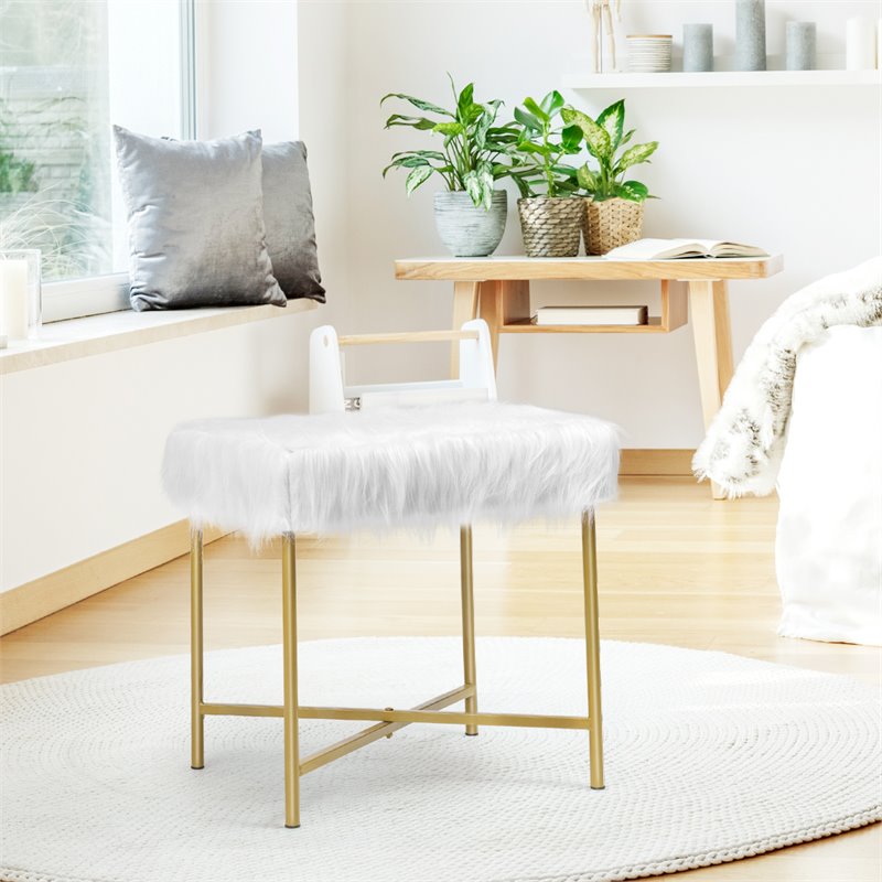 Costway Contemporary Faux-Fur Plush Footrest Stool with Metal Legs in White