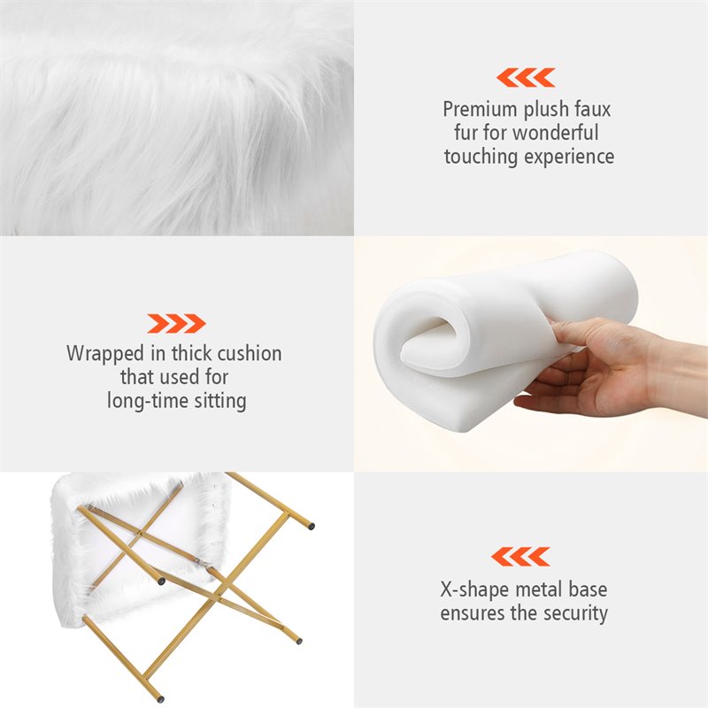 Costway Contemporary Faux-Fur Plush Footrest Stool with Metal Legs in White