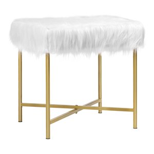 costway contemporary faux-fur plush footrest stool with metal legs in white