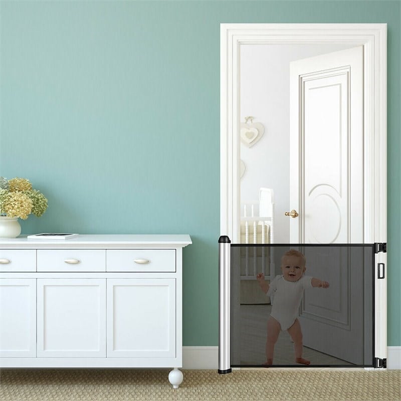 Costway Baby Retractable Mesh Gates with Easy Latch & Flexible Design in Black