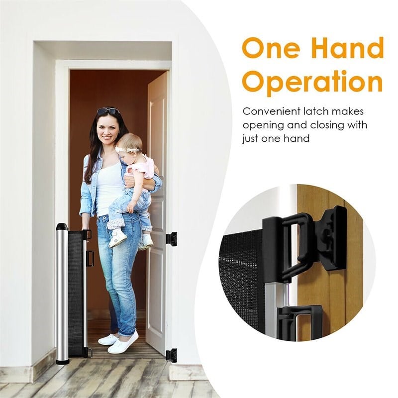 Costway Baby Retractable Mesh Gates with Easy Latch & Flexible Design in Black