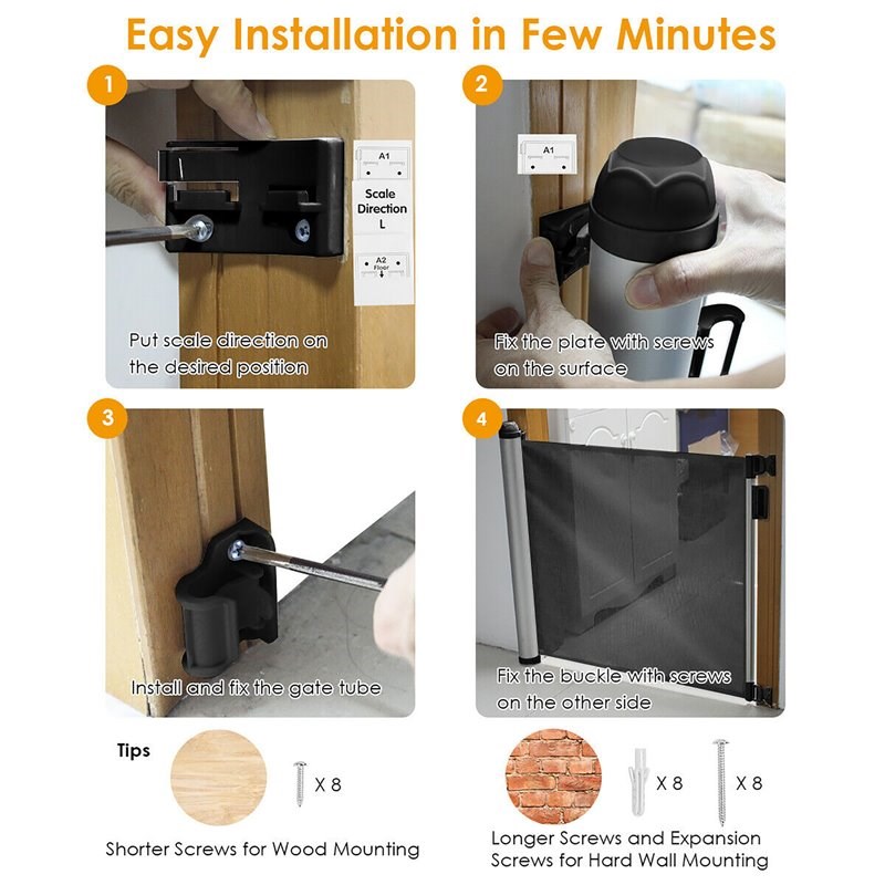 Costway Baby Retractable Mesh Gates with Easy Latch & Flexible Design in Black