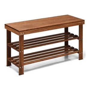 costway 3-tier contemporary bamboo shoe rack with stool in brown