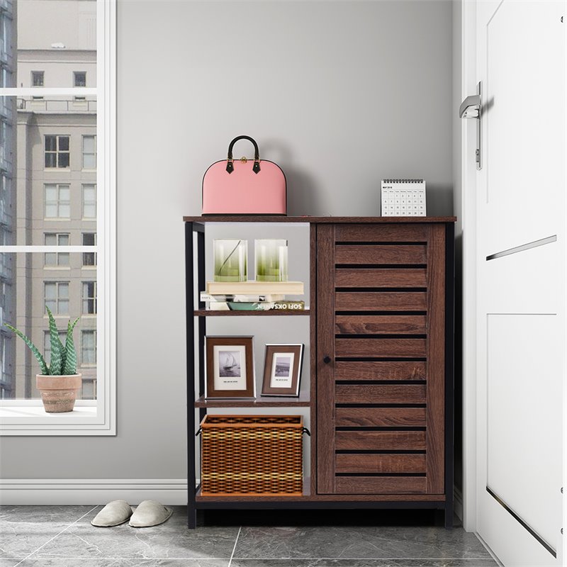 Costway PB and Metal Bathroom Storage Cabinet with 3 Shelves in Rustic Brown