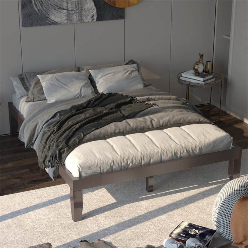 Costway Rubber Wood and Poplar Wood Queen Size Bed Frame in Espresso