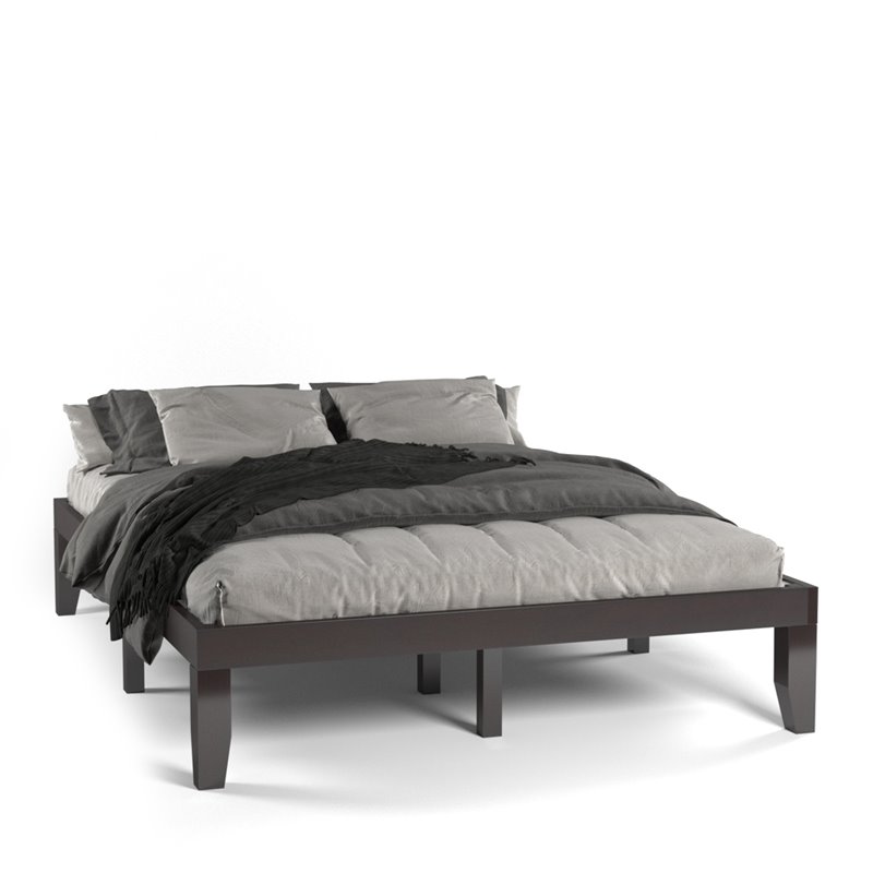 Costway Rubber Wood and Poplar Wood Queen Size Bed Frame in Espresso