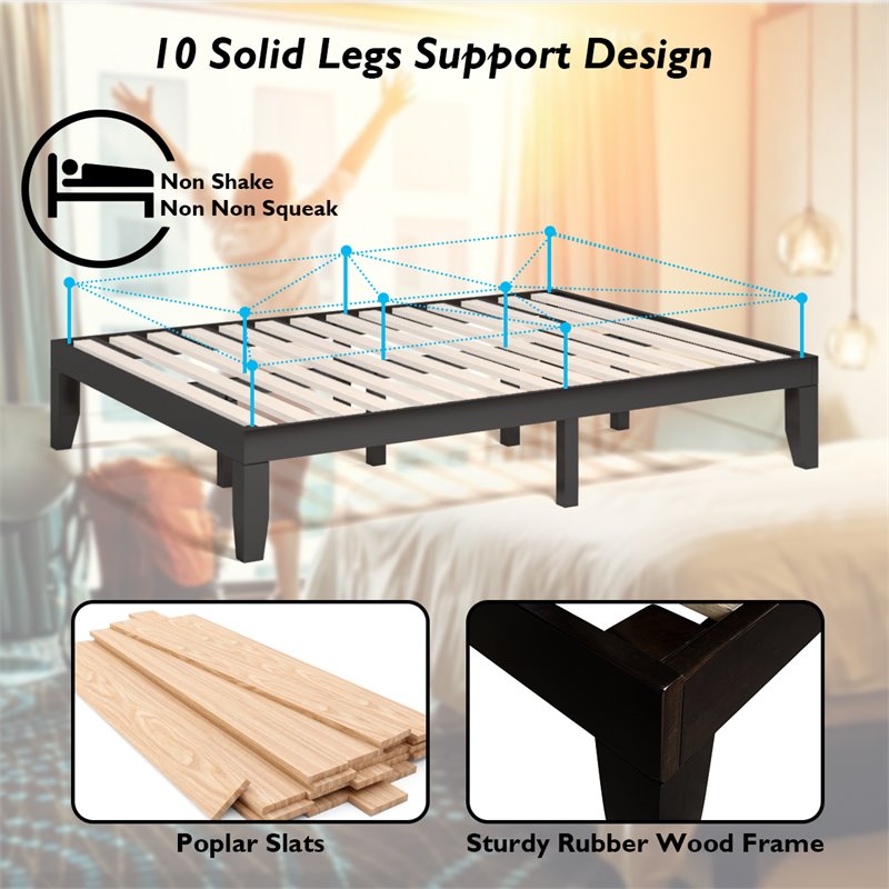 Costway Rubber Wood and Poplar Wood Queen Size Bed Frame in Espresso