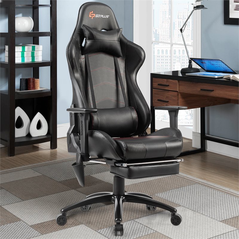 Costway PU and Iron Adjustable Massage Gaming Chair with Headrest in Black