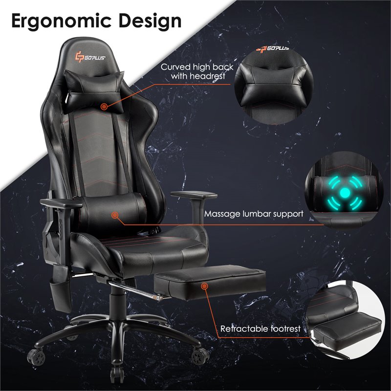 Costway PU and Iron Adjustable Massage Gaming Chair with Headrest in Black