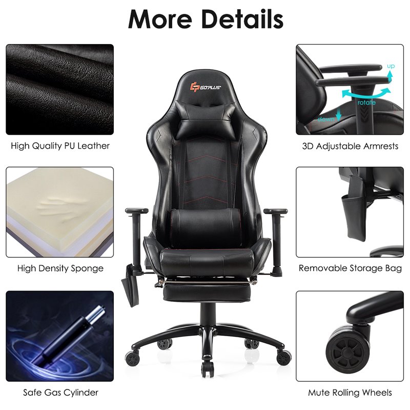 Costway PU and Iron Adjustable Massage Gaming Chair with Headrest in Black