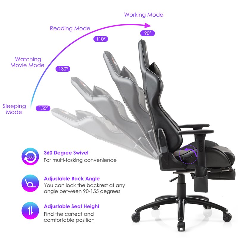 Costway PU and Iron Adjustable Massage Gaming Chair with Headrest in Black