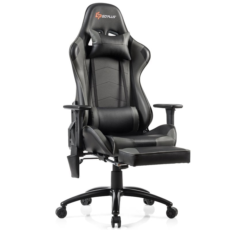 Costway PU and Iron Adjustable Massage Gaming Chair with Headrest in Gray