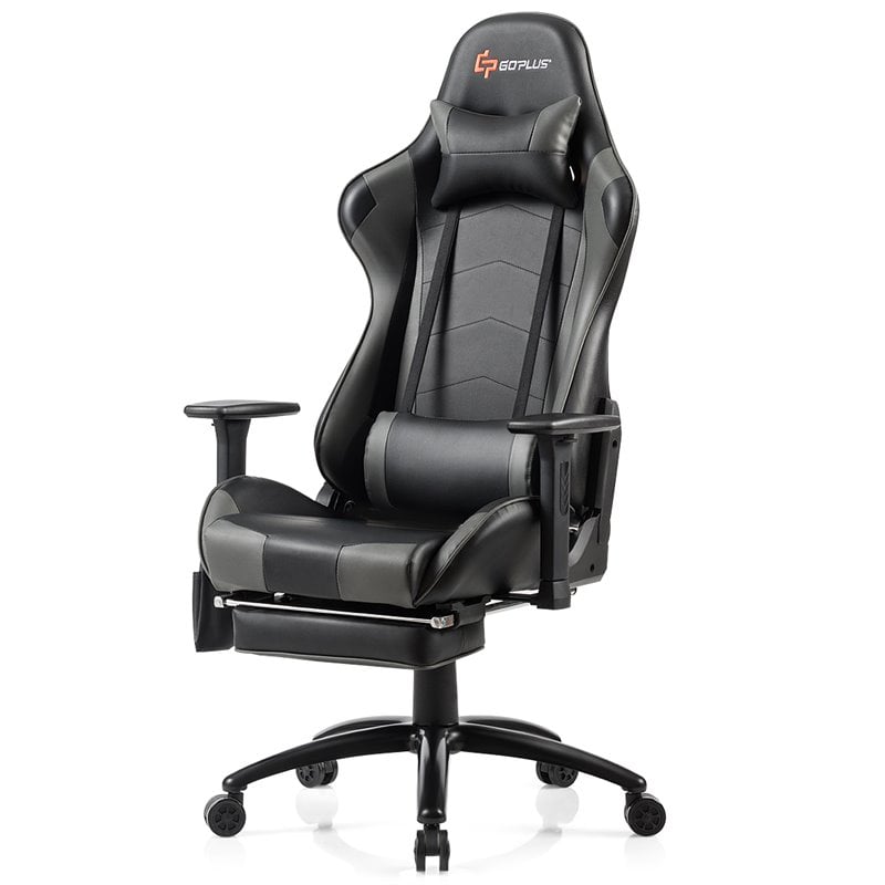 Costway PU and Iron Adjustable Massage Gaming Chair with Headrest in Gray