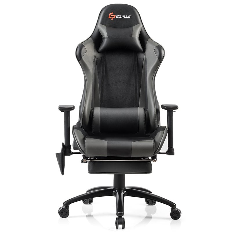 Costway PU and Iron Adjustable Massage Gaming Chair with Headrest in Gray
