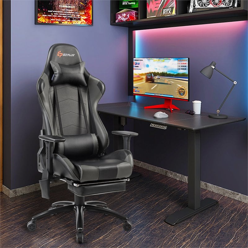 Costway PU and Iron Adjustable Massage Gaming Chair with Headrest in Gray