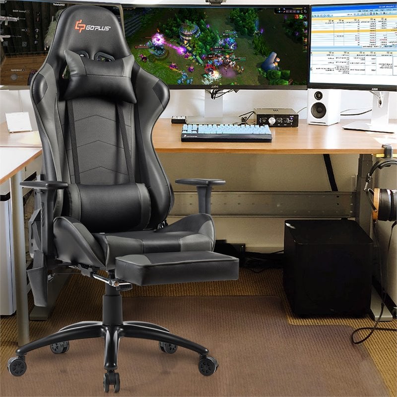Costway PU and Iron Adjustable Massage Gaming Chair with Headrest in Gray