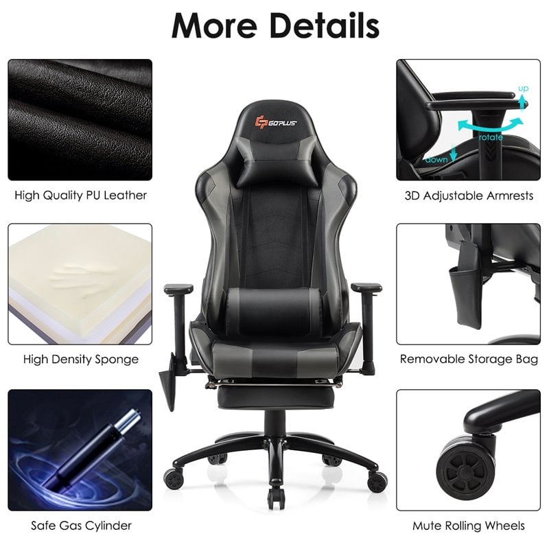 Costway PU and Iron Adjustable Massage Gaming Chair with Headrest in Gray