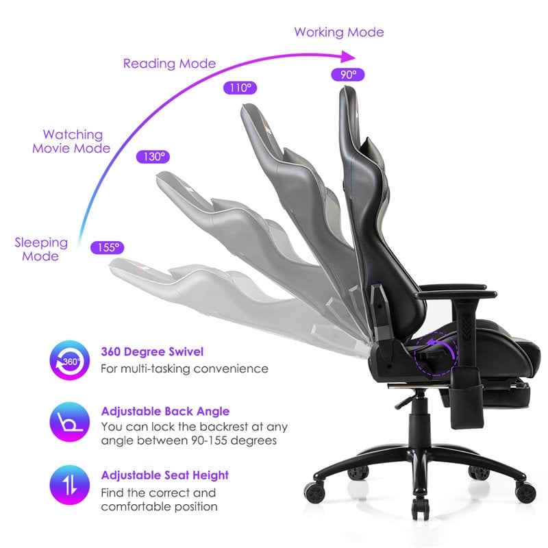 Costway PU and Iron Adjustable Massage Gaming Chair with Headrest in Gray