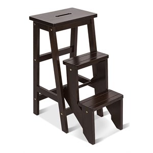 Costway 3-tier Contemporary Rubber Wood Portable Folding Step Stool in Coffee