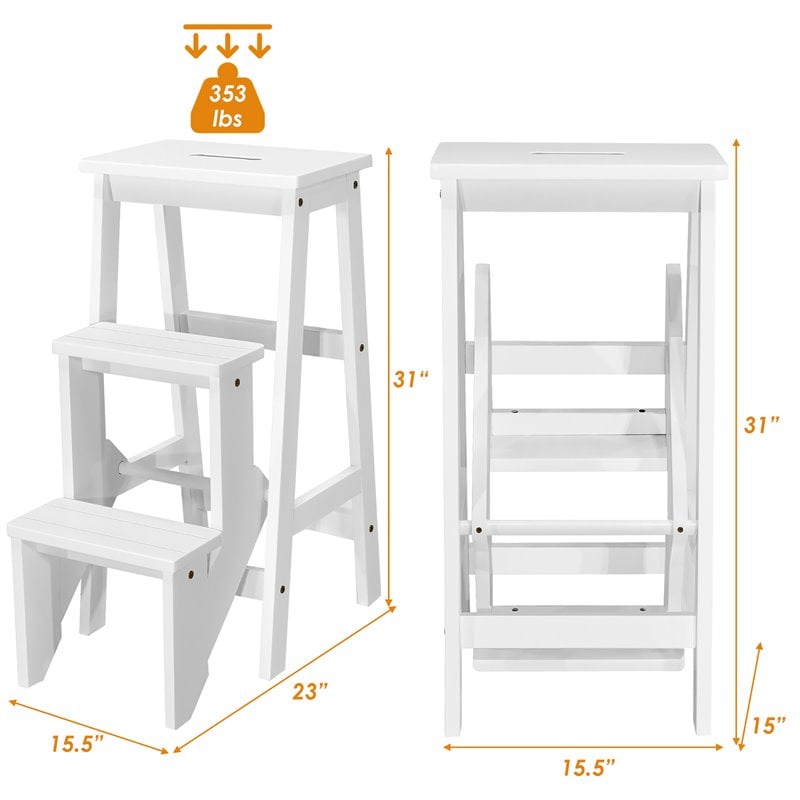 Costway 3-tier Contemporary Rubber Wood Portable Folding Step Stool in White