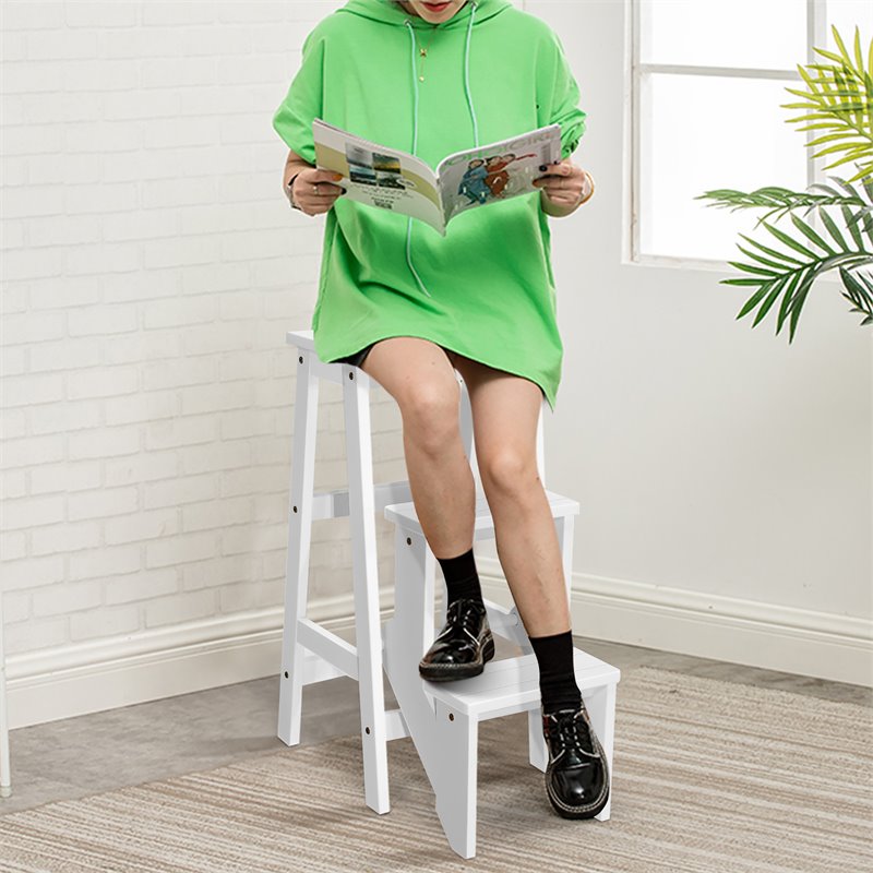 Costway 3-tier Contemporary Rubber Wood Portable Folding Step Stool in White