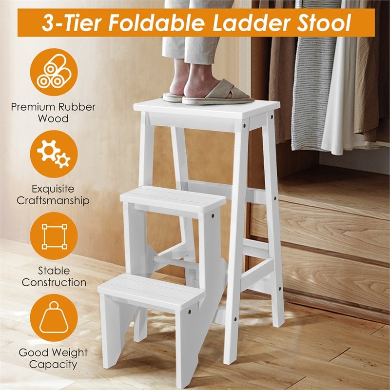 Costway 3-tier Contemporary Rubber Wood Portable Folding Step Stool in White