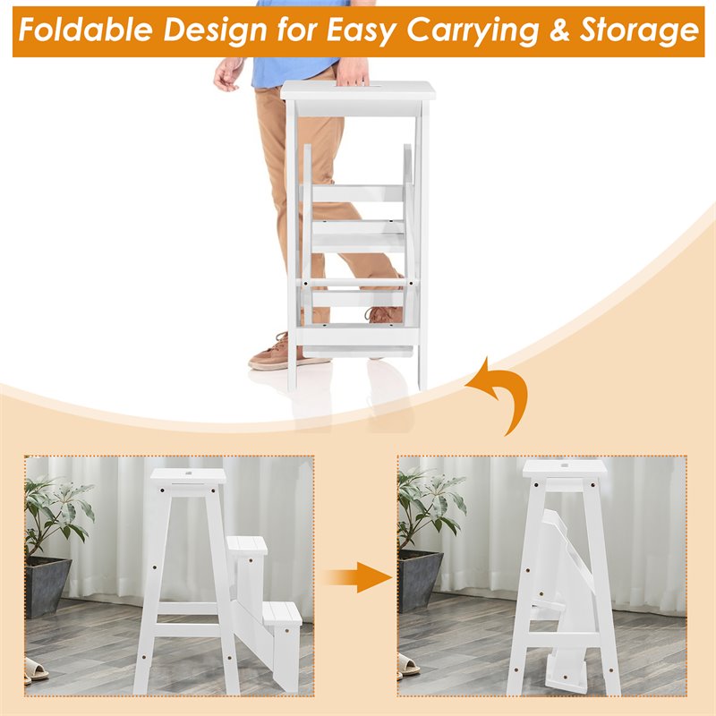 Costway 3-tier Contemporary Rubber Wood Portable Folding Step Stool in White