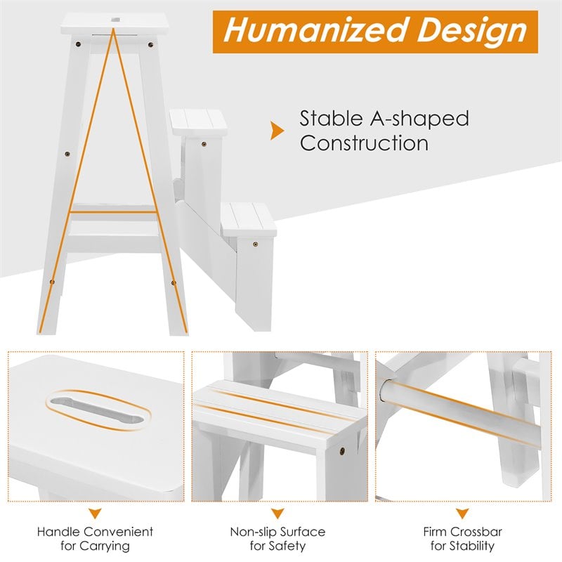 Costway 3-tier Contemporary Rubber Wood Portable Folding Step Stool in White