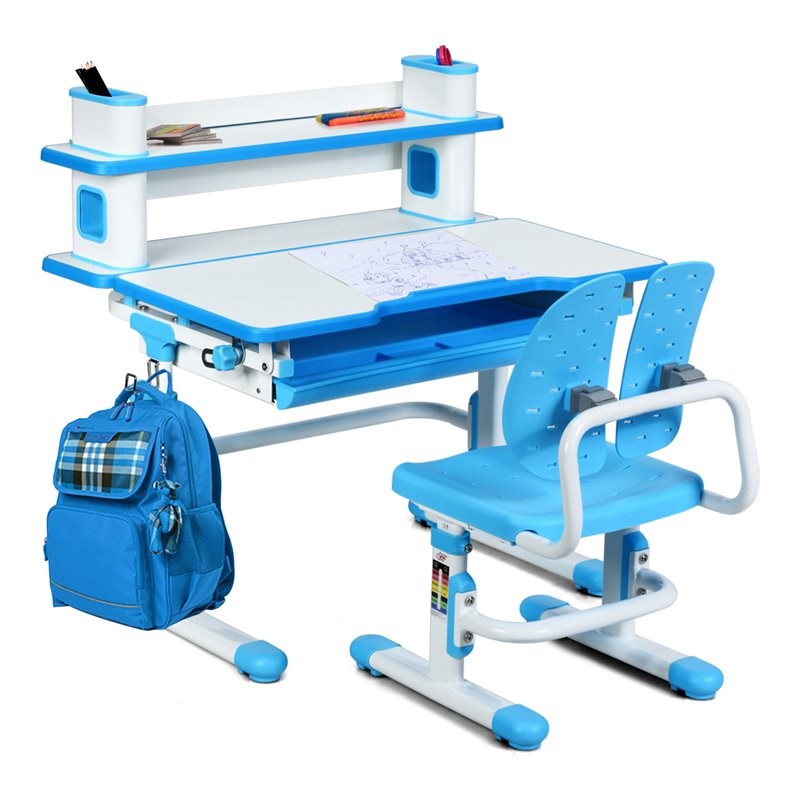 Costway MDF and Steel Adjustable Height Children's Desk Chair Set in Blue
