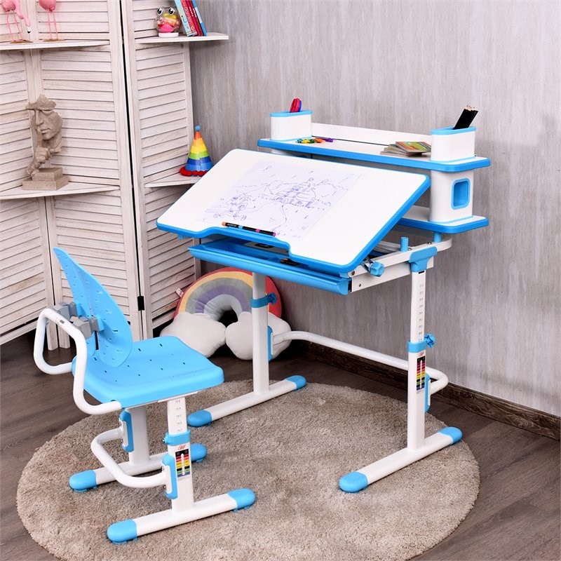 Costway MDF and Steel Adjustable Height Children's Desk Chair Set in Blue